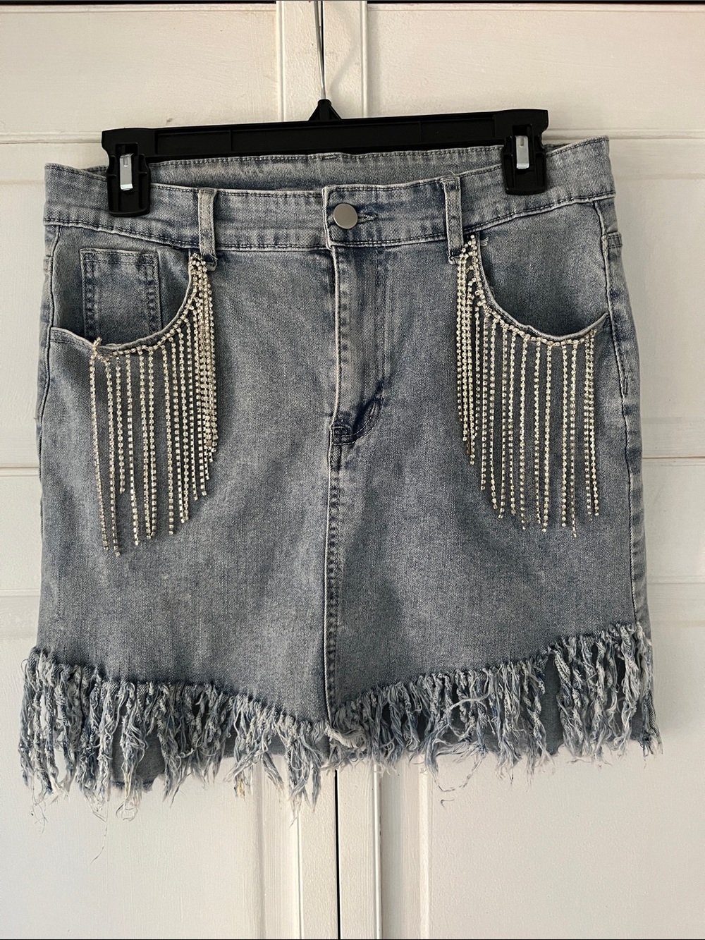 Denim Fringe Mini Skirt with Rhinestone Pocket Chains - Light Blue